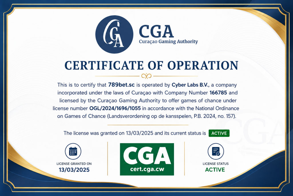 ใบอนุญาตของ 789bet.sc จาก Curaçao Gaming Authority เลขที่ OGL/2024/1696/1055 สถานะ Active